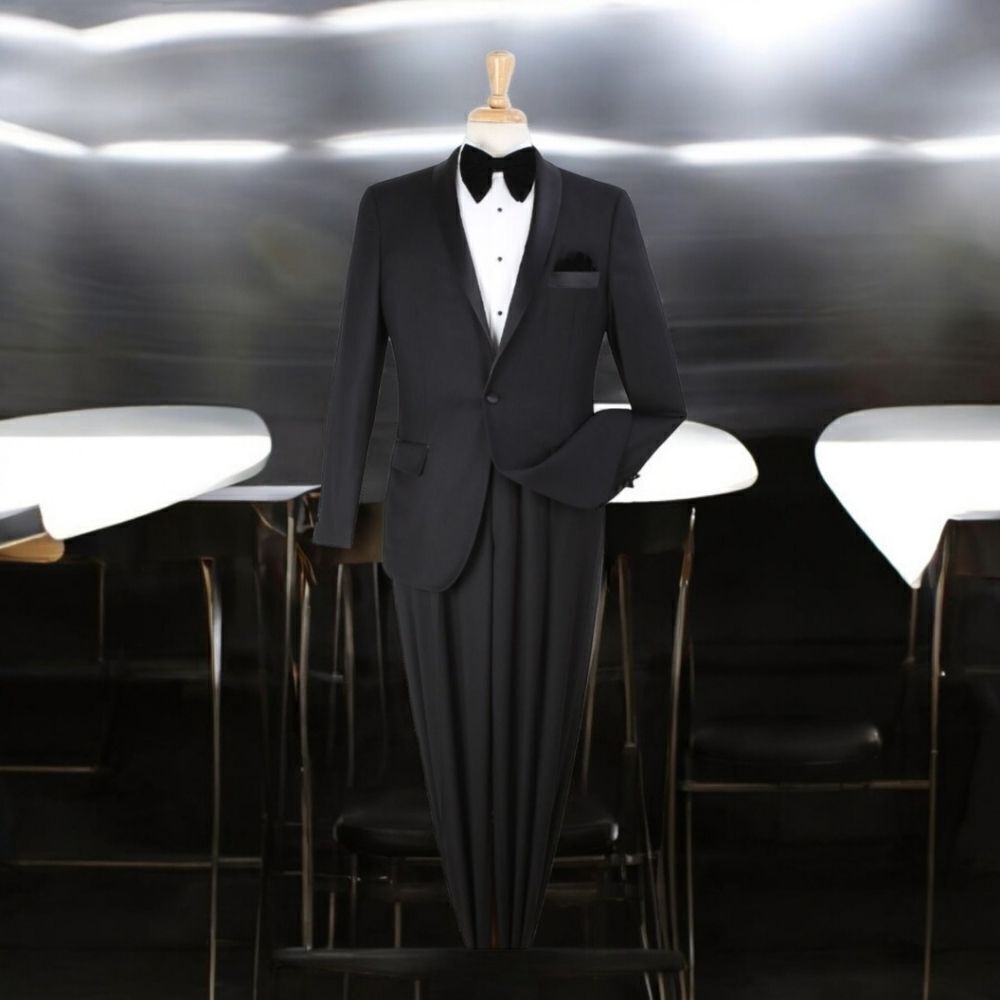 MEN'S ROYAL DIAMOND 2 PIECE SOLID BLACK 1 BUTTON  SHAWL LAPEL TUXEDO. TU2-1.